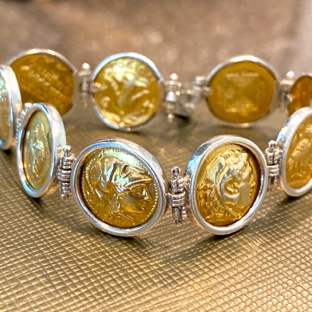 14k Gold/Silver Greek Coin Link Bracelet